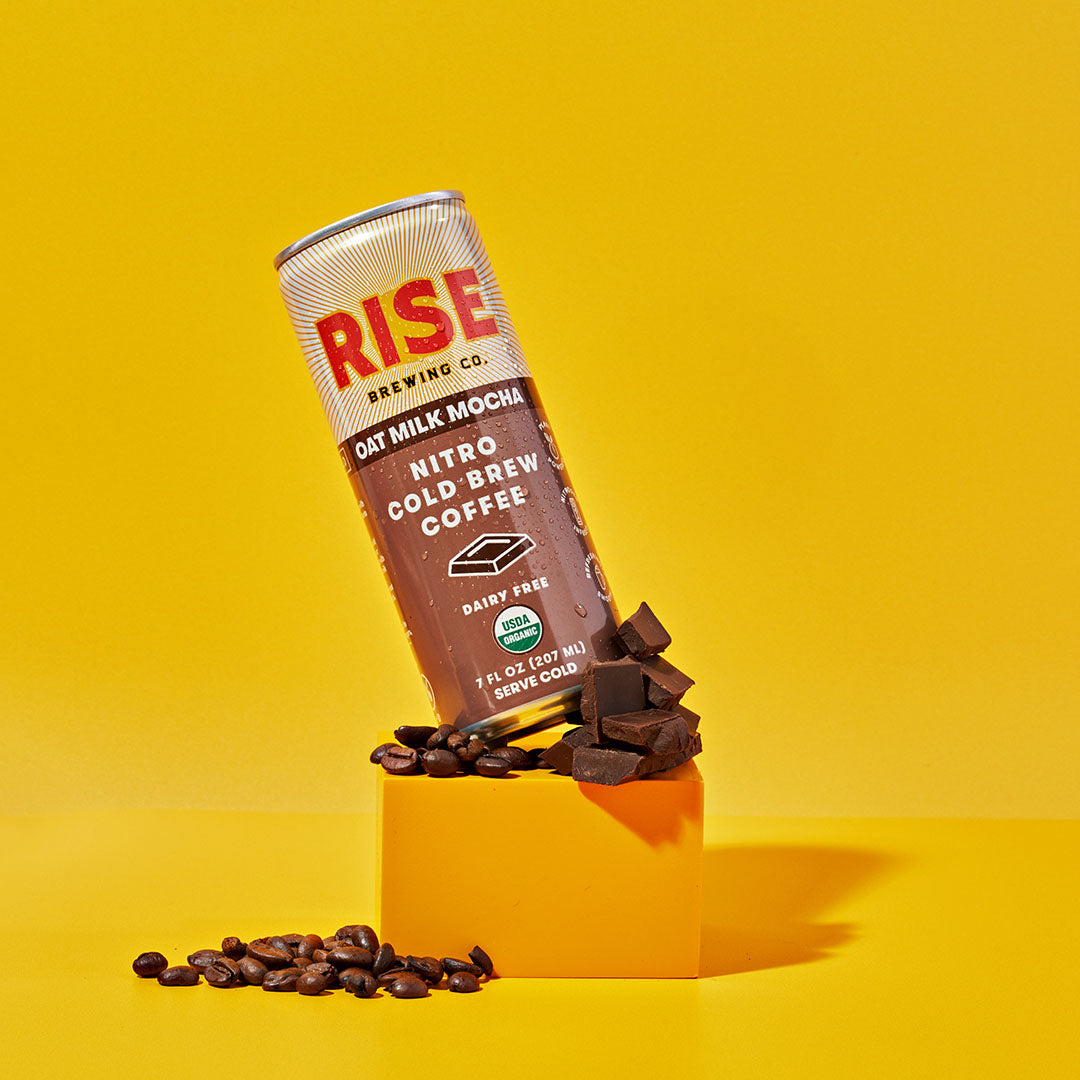 RISE Brewing Co. Oat Milk Mocha Nitro Cold Brew 7oz sideways tilt