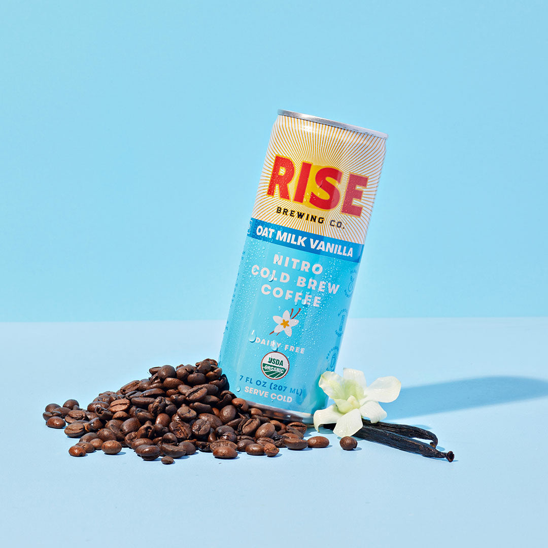 RISE Brewing Co. Oat Milk Vanilla Latte Cold Brew ingredients tilt