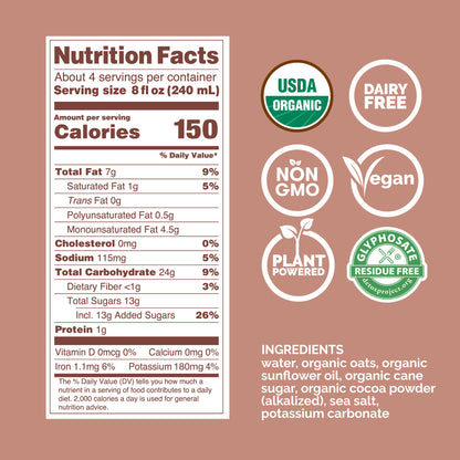 RISE Brewing Co Chocolate Oat Milk Nutritional Facts